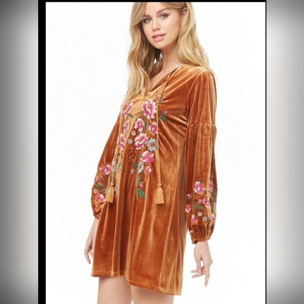 Velvet Boho Embroidered Tassel Dress